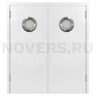Маятниковая двухстворчатая дверь пластиковая гладкая Kapelli Classic белый с двумя иллюминаторами